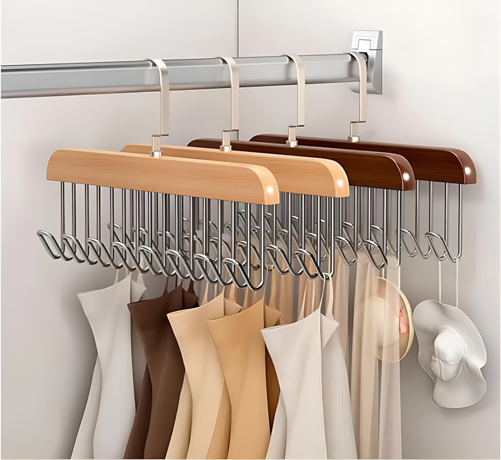 8 Hooks Wooden Clothes Hanger With Tie Rack Belt Hangers with 360°Rotating street mart
