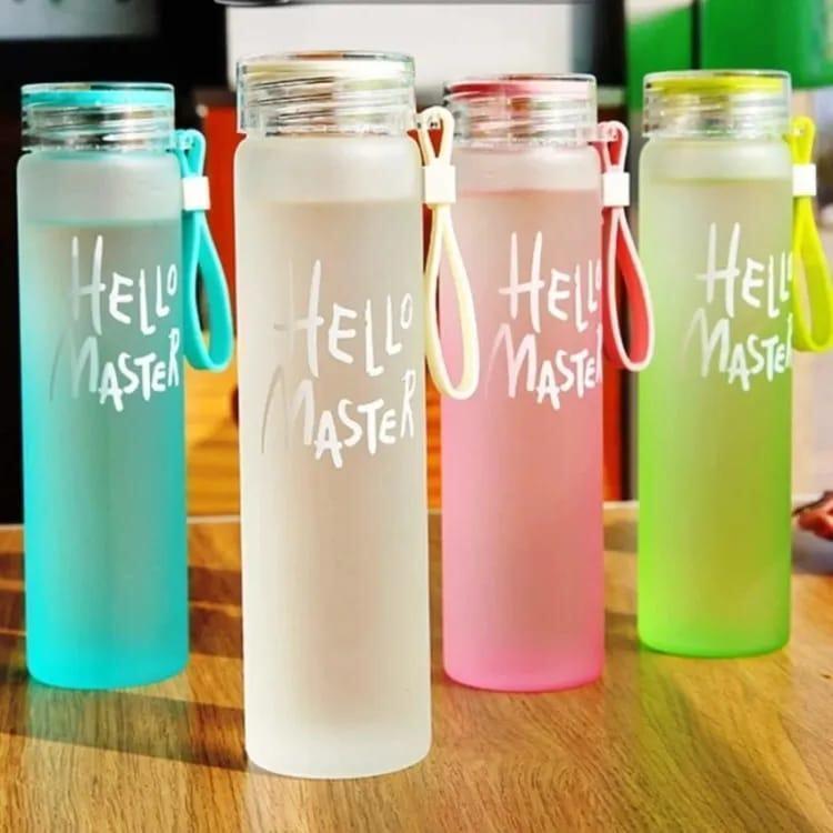 Hello Master 480ml Frosted Glass Water Bottle - Transparent Leak-Proof Portable Drinkware with Carrying Strap (Random Color) street mart