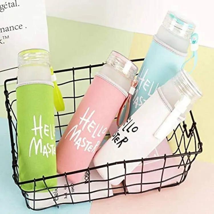 Hello Master 480ml Frosted Glass Water Bottle - Transparent Leak-Proof Portable Drinkware with Carrying Strap (Random Color) street mart